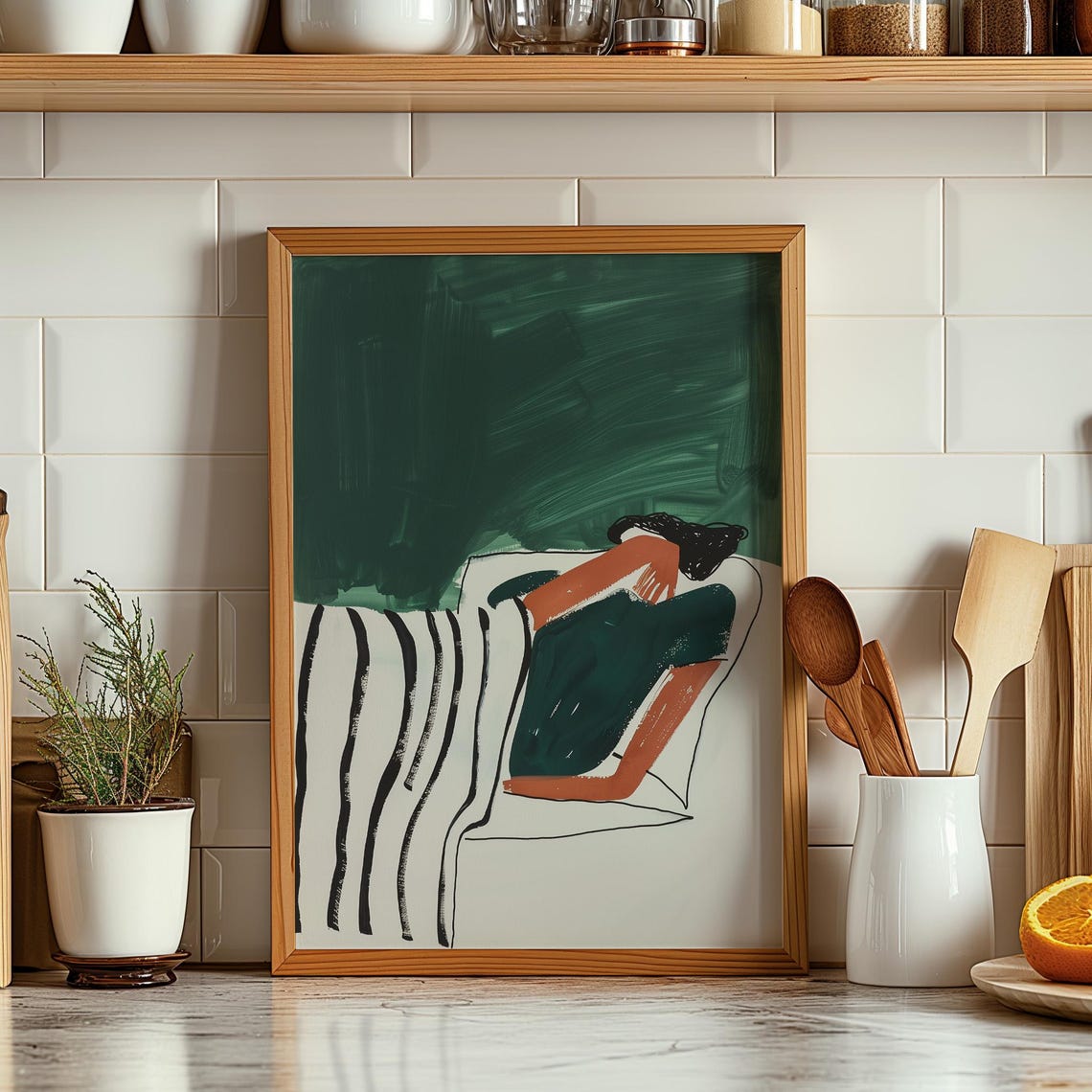 Emerald Green Abstract Figure with Orange Accents Painterly Poster - Image 2