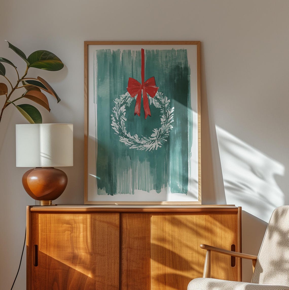 White Snowy Christmas Wreath With a Red Bow on Teal Watercolor Poster - Image 2