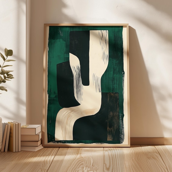 Abstract Green And Black Shapes Print Minimalist Geometric Wall Art Modern Abstract Decor Bold Neutral Tones Artwork