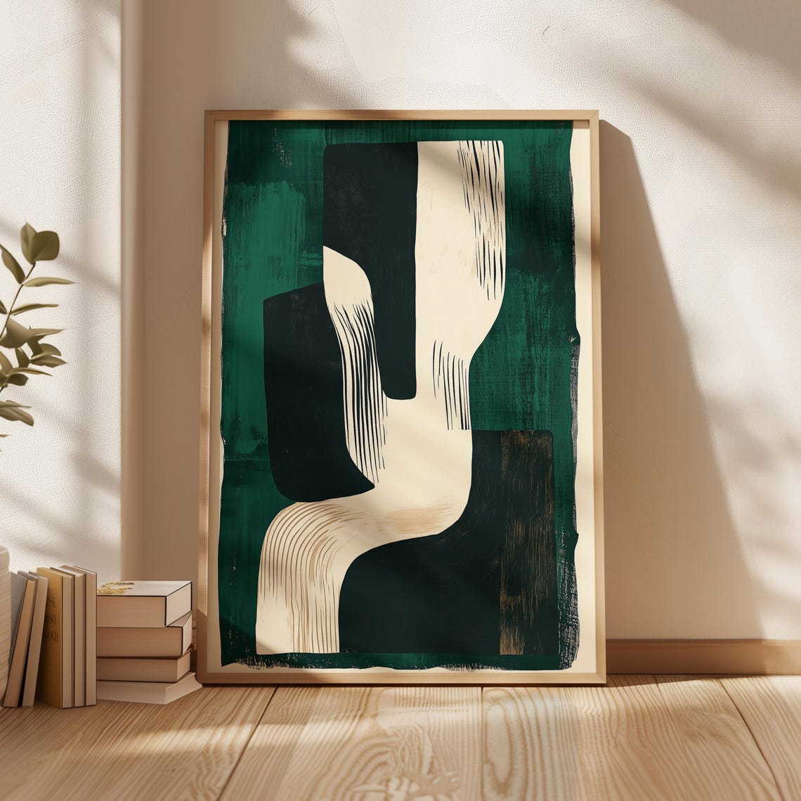 Emerald Green Black Cream Abstract Shapes Modern Geometric Art Poster