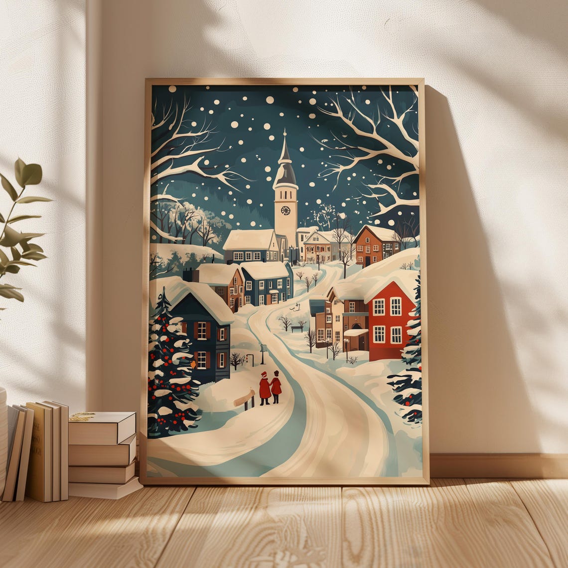 Stylized Snowy Village Church Tower Charming Winter Stroll Art Poster