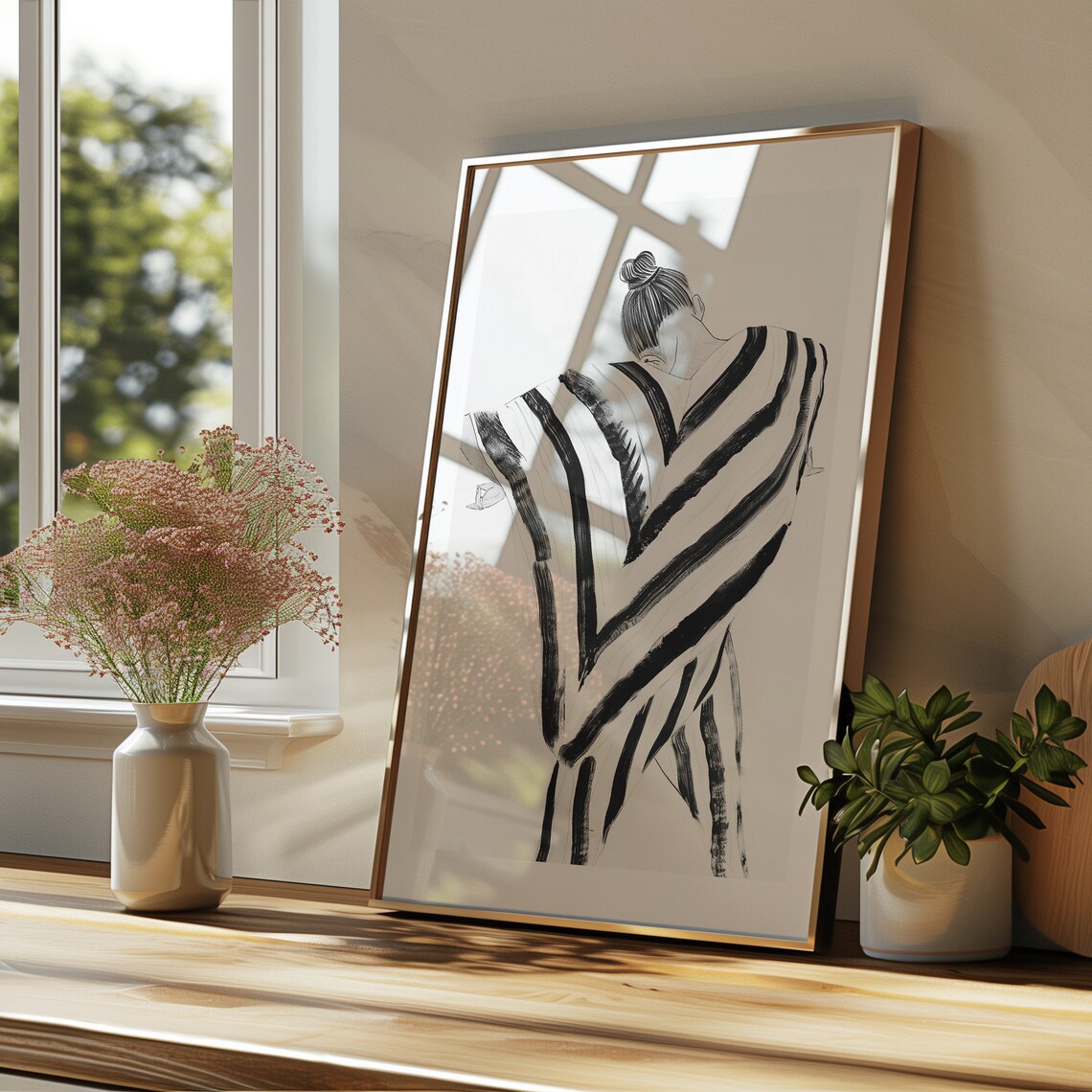 Elegant Stripes Woman Silhouette, Minimalist Art Print - Image 3