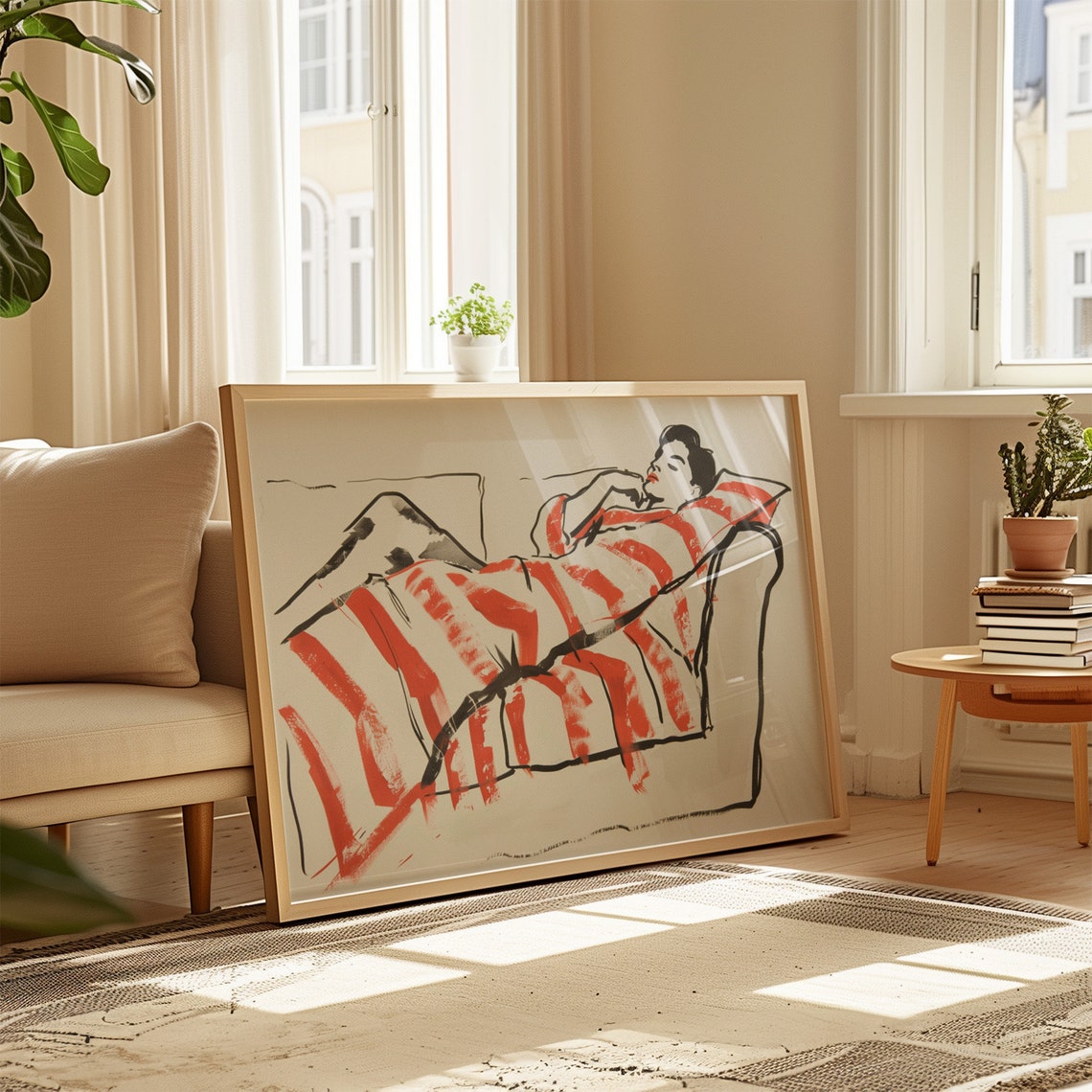 Elegant Woman in Red Stripes Reclining on Sofa Modern Art Poster - Image 4