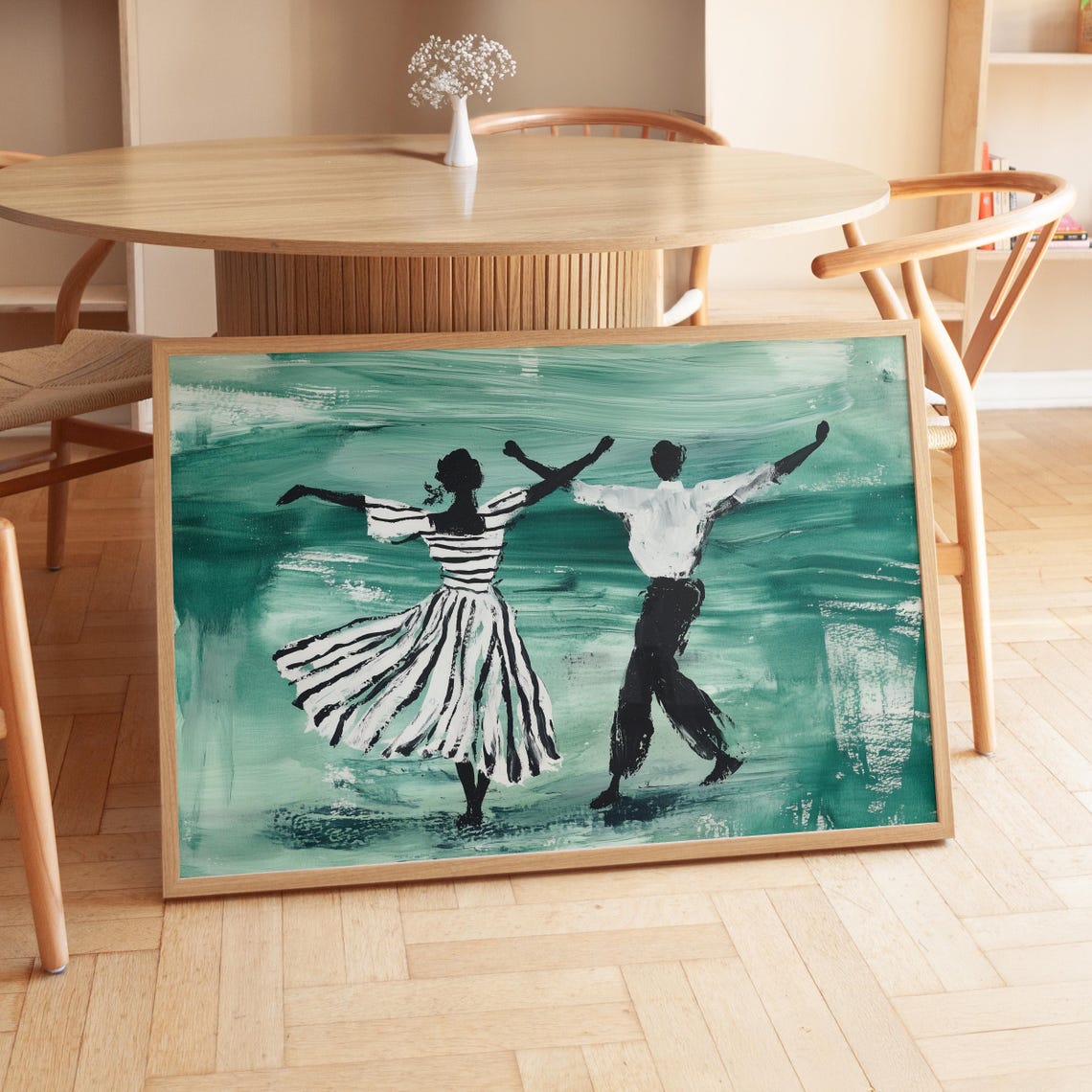 Dancing Couple Teal Background Joyful Twirl Silhouette Painting Poster - Image 2