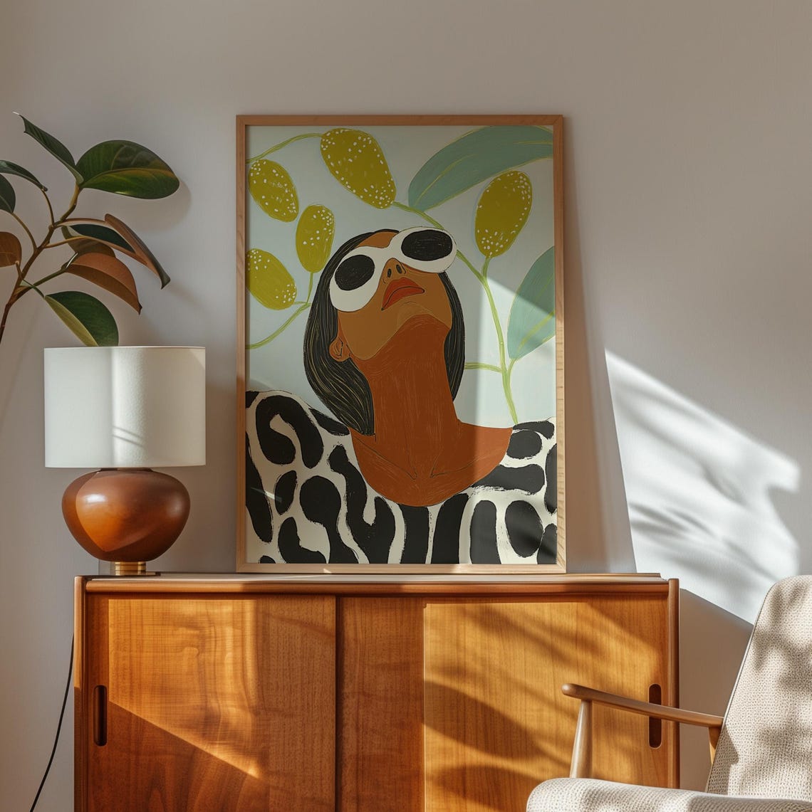 Woman in White Sunglasses Beneath a Lemon Botanical Branch Poster - Image 3