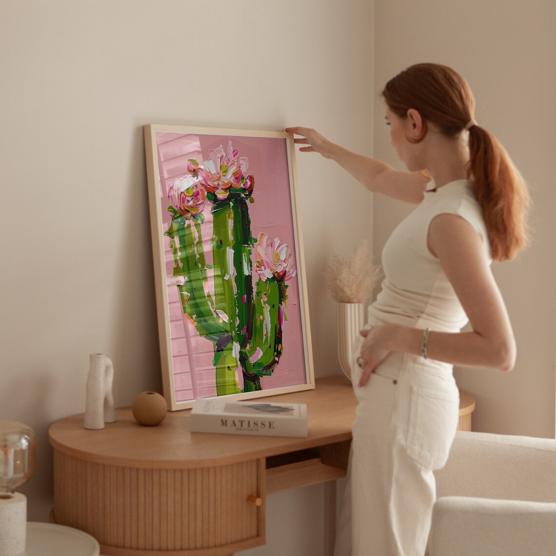 Pink Cactus Cowgirl Abstract Oil Painting Art Print - Image 4