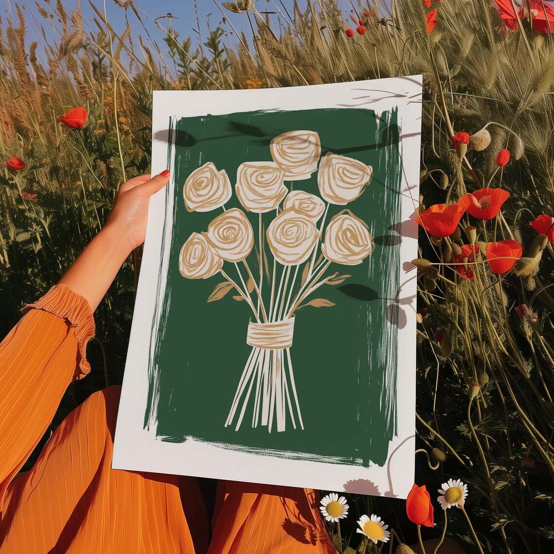 Golden Rose Bouquet On Dark Green Minimalist Floral Wall Art - Image 4