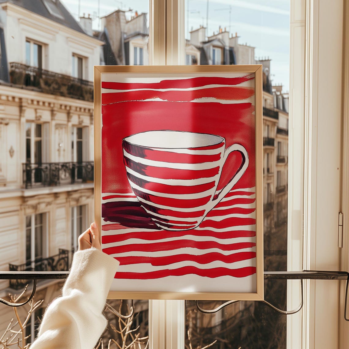Red and White Striped Coffee Mug Kitchen Illustration Poster - Image 2