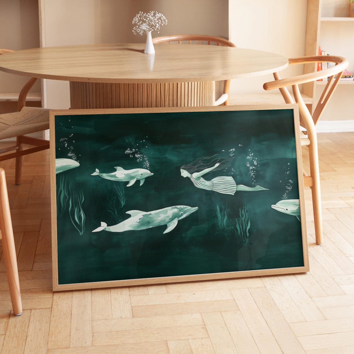 Emerald Green Dolphins and Swimmer Underwater Illustration Poster