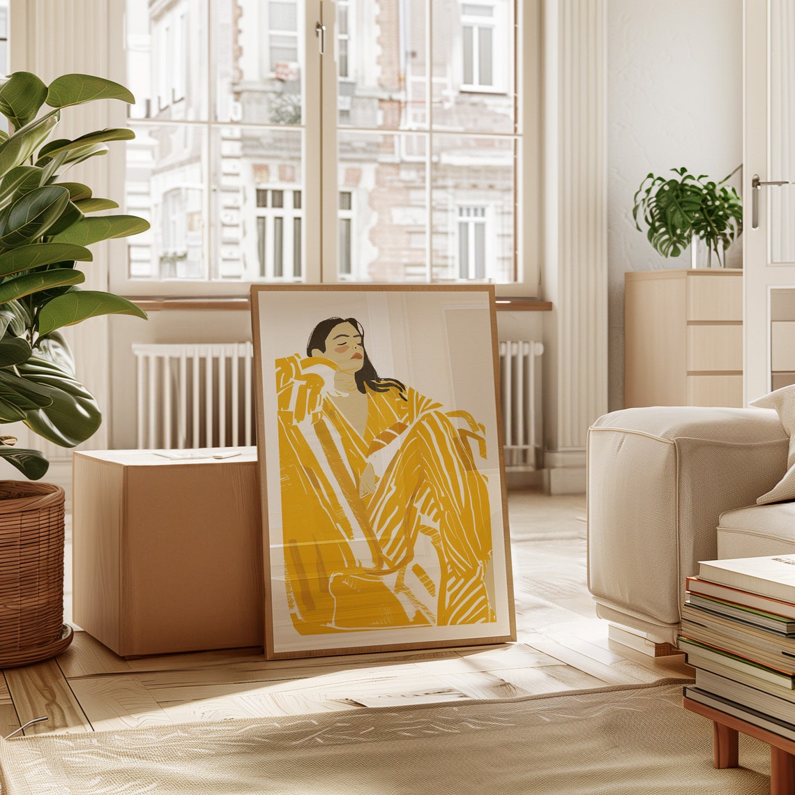 Yellow Striped Robe Woman Portrait Modern Yellow Figure Poster - Image 3