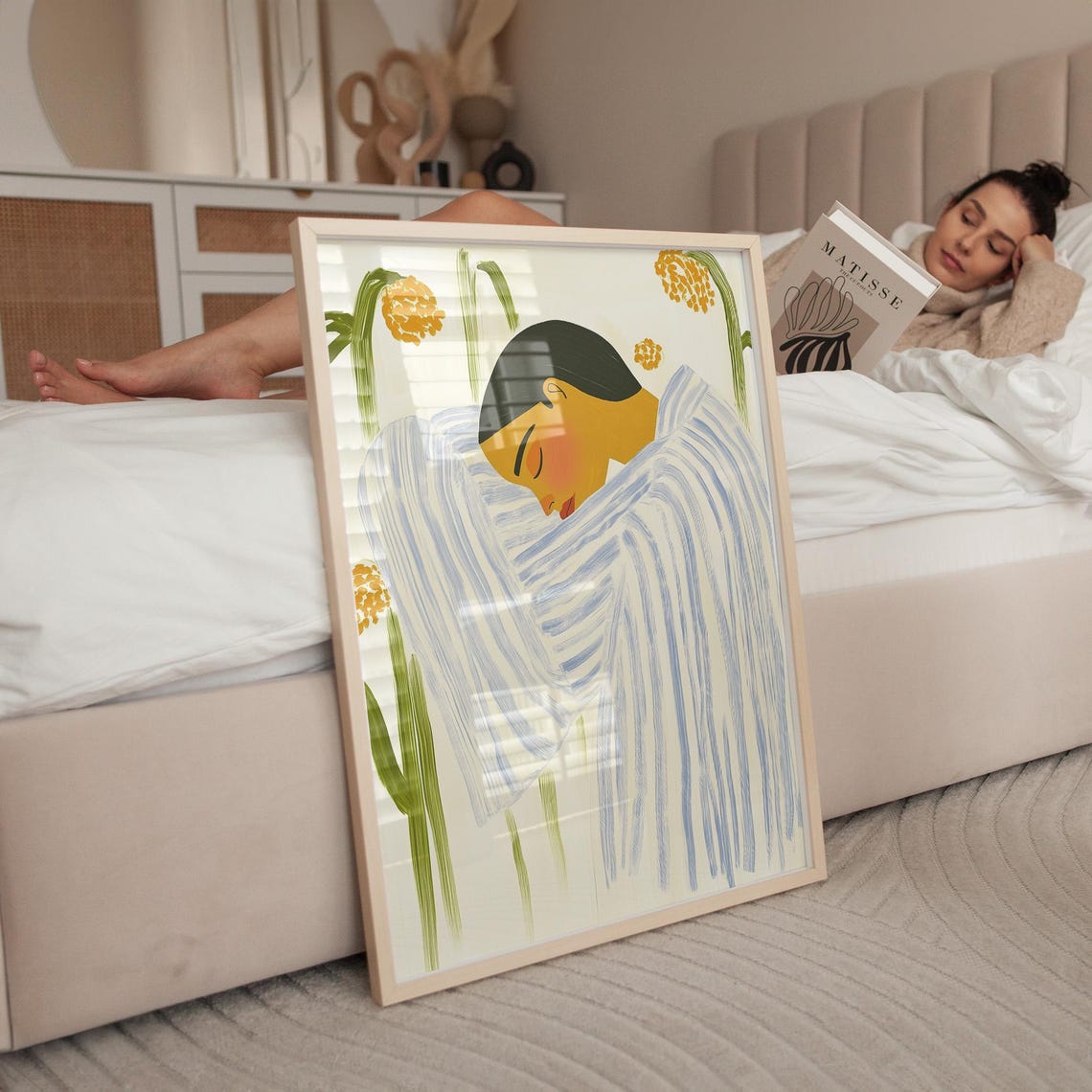 Sleeping Figure in a Blue Striped Robe Among Marigold Flowers Poster - Image 5