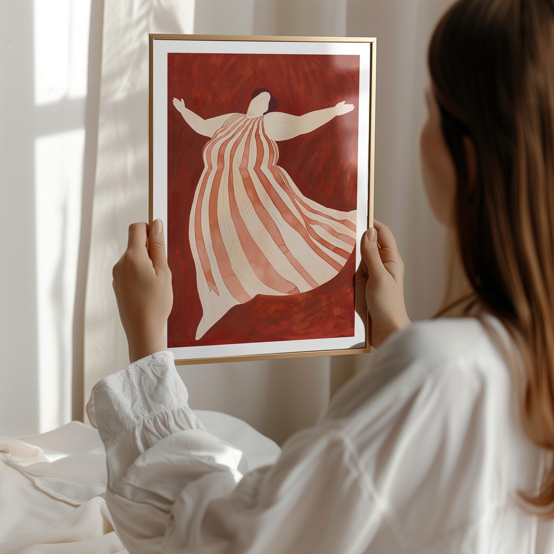 Joyful Curvy Woman Dancing In Striped Dress On Deep Red Wall Art - Image 4