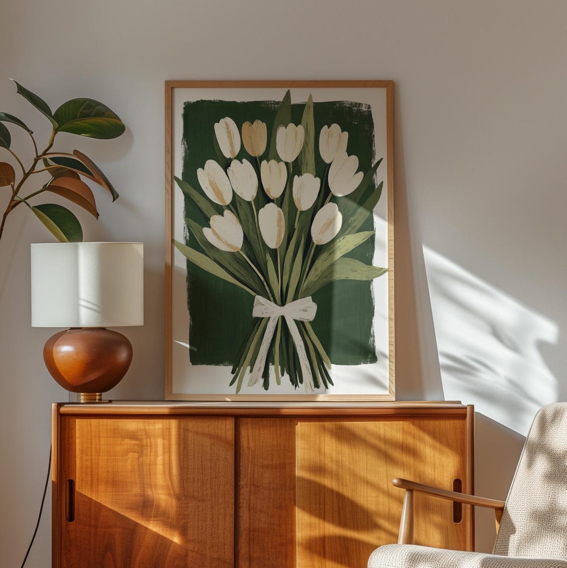 White Tulip Bouquet with Ribbon Bow Deep Green Floral Poster - Image 3
