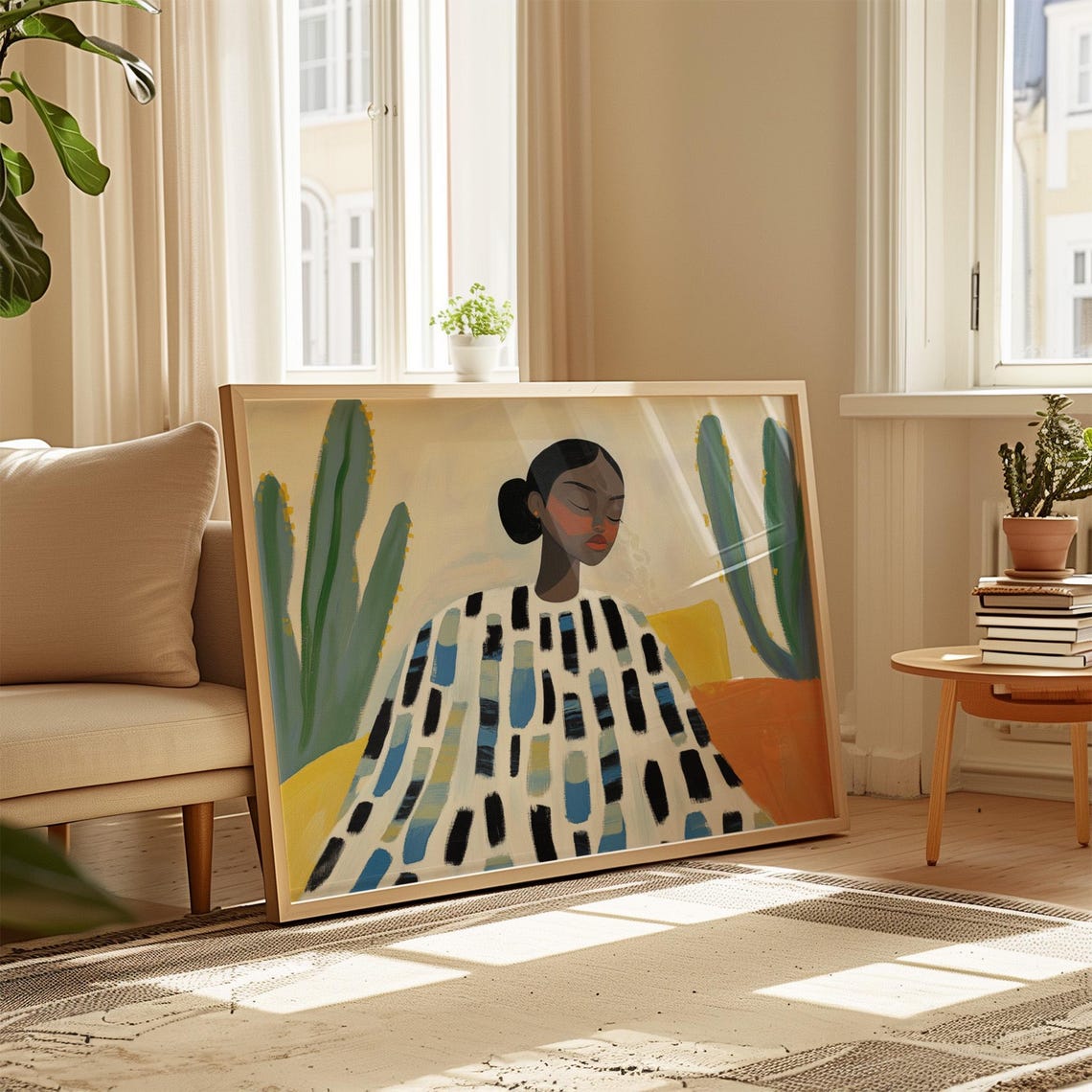Modern Minimalist Wall Art Abstract Woman With Patterned Dress And Cacti Colorful Illustration Print Serene And Bold Home Decor - Image 3