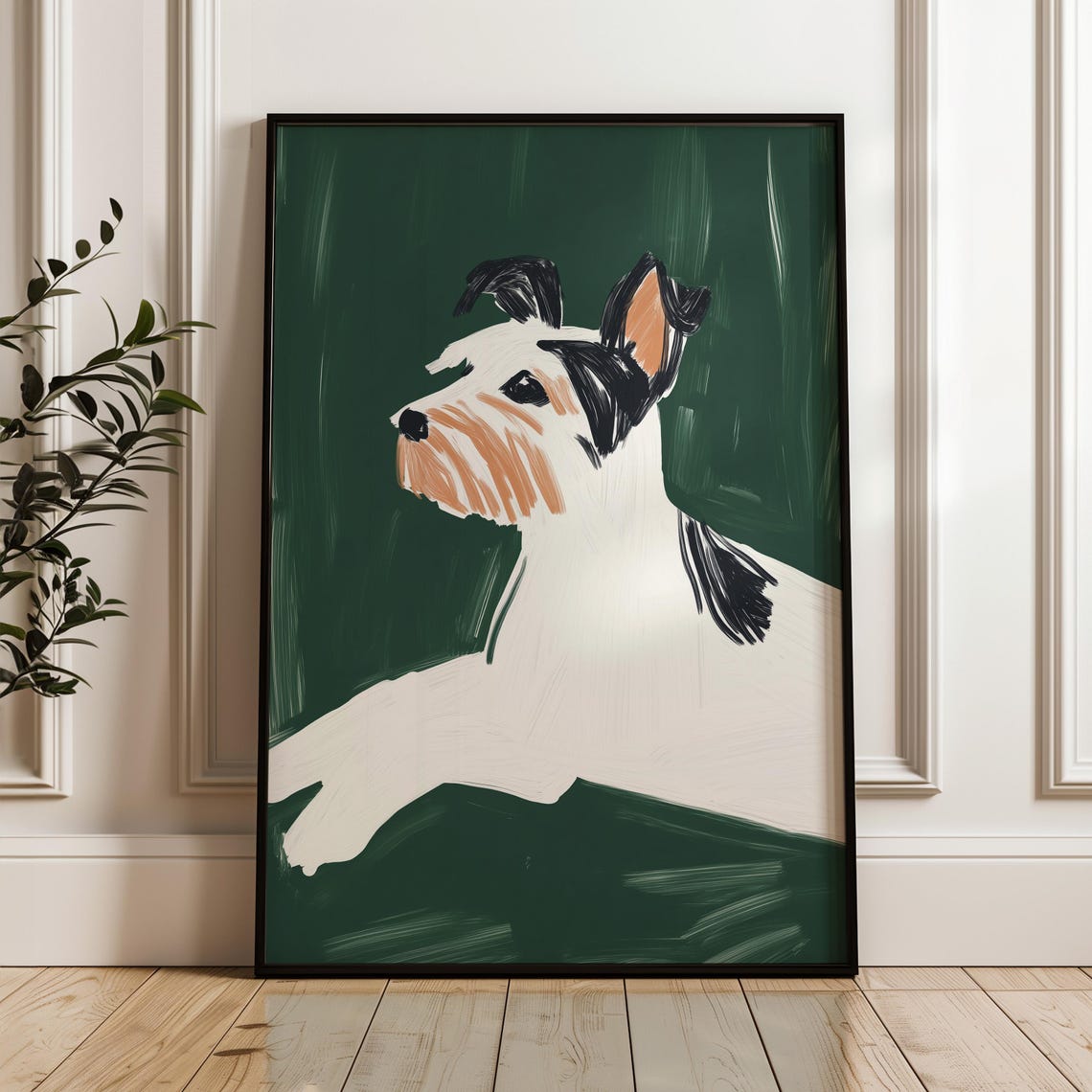 Playful White Dog Portrait On Emerald Green Naive Painting Wall Art