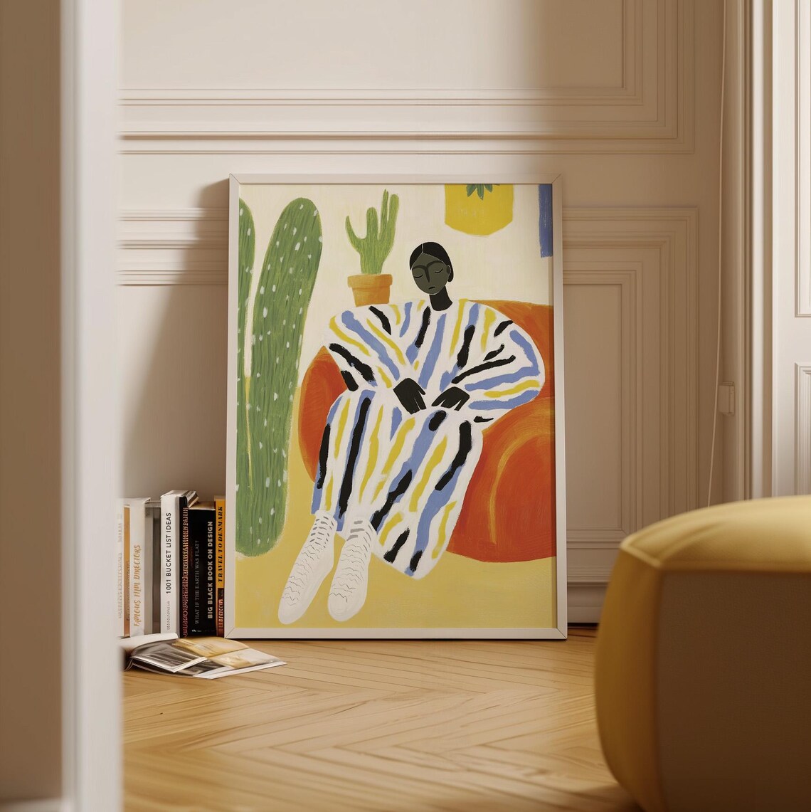 Woman In Colorful Striped Robe On Orange Chair With Cacti Poster