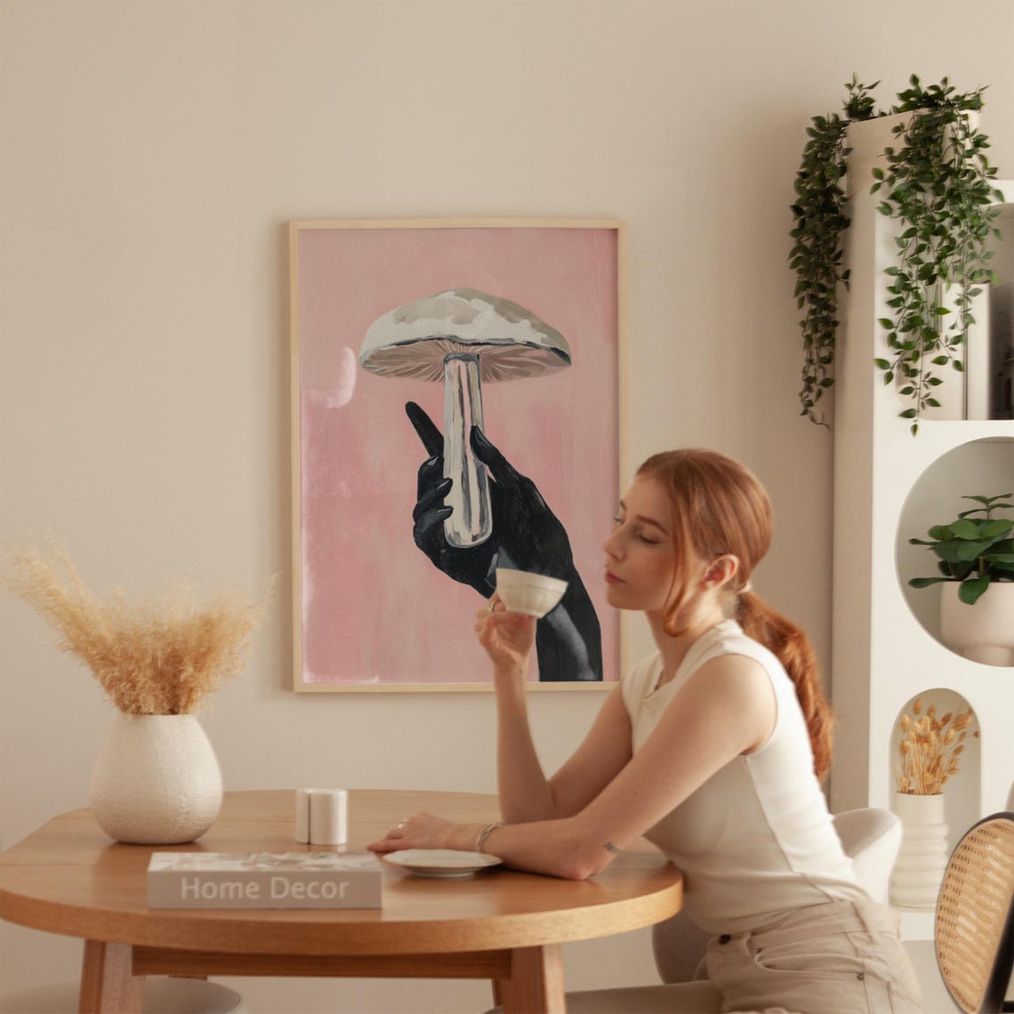 Black Hand Holding a Pale Mushroom on Soft Pink Surreal Poster - Image 5