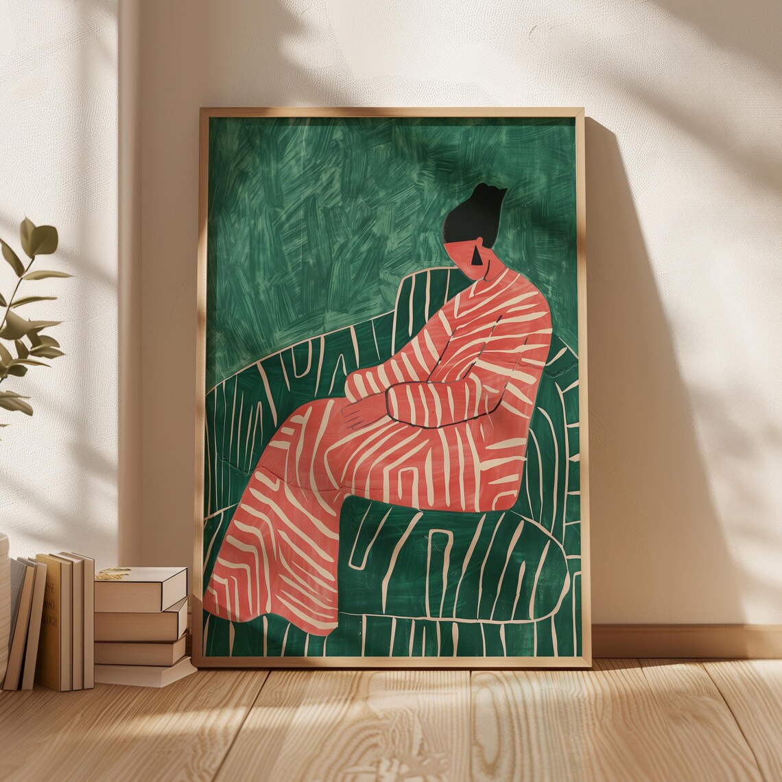 Green Pink Abstract People Print, Contemporary Minimalist
