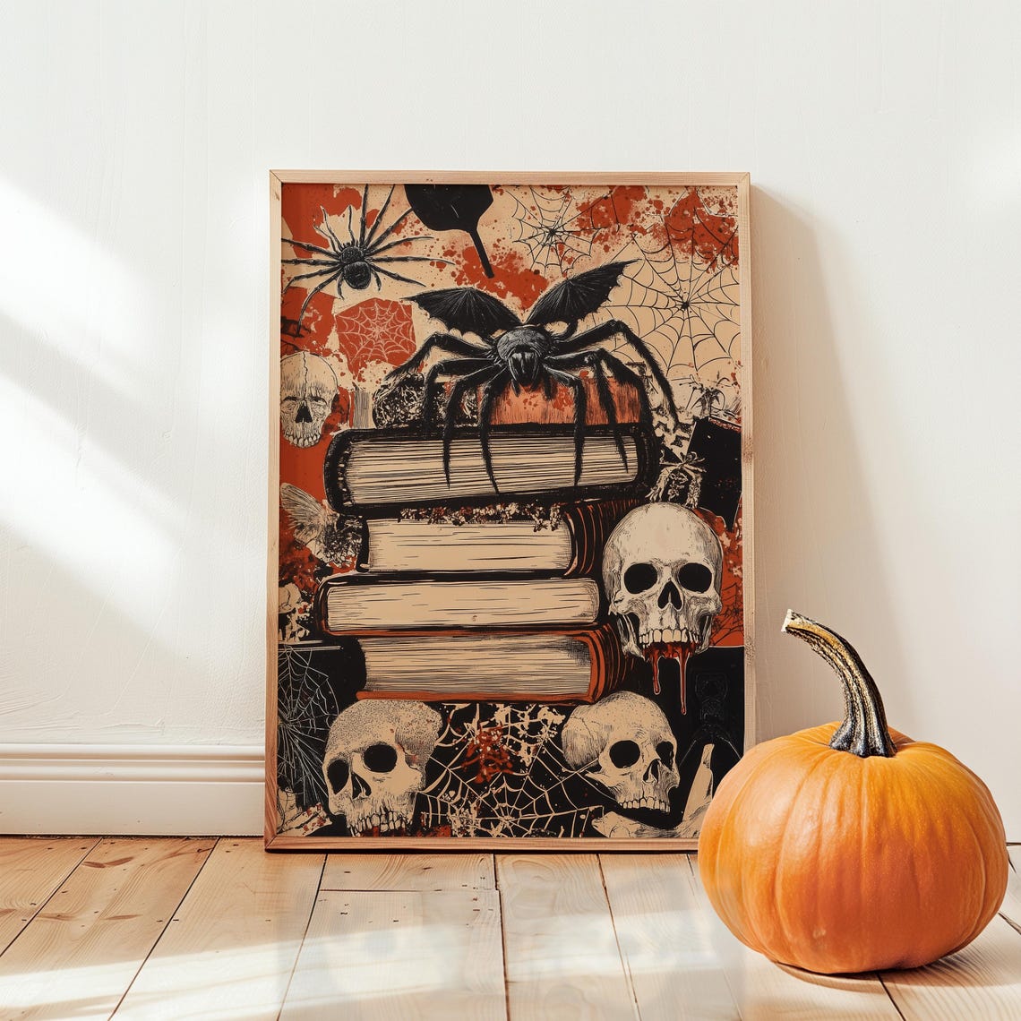 Giant Spider on Stacked Books Skulls and Webs Halloween Horror Poster