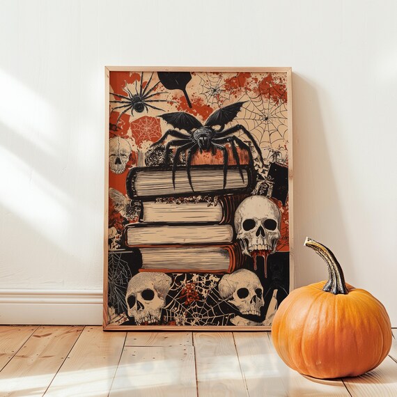 Giant Spider on Stacked Books Skulls and Webs Halloween Horror Poster