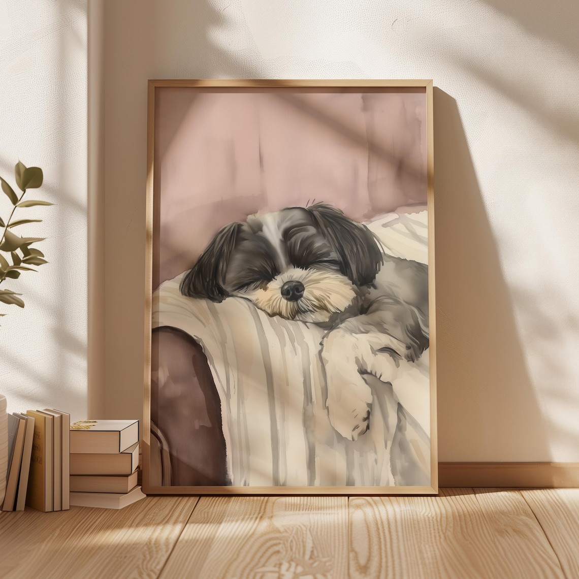 Cute Sleeping Dog, Mauve Watercolor Shih Tzu Art Print