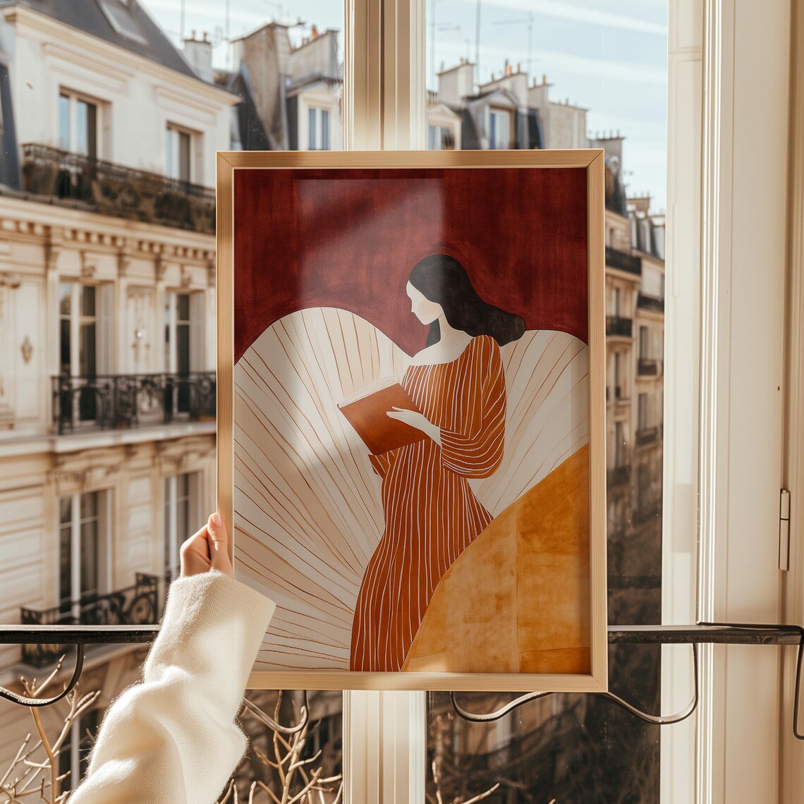 Striped Dress Woman Reading, Minimalist Art Print - Image 3