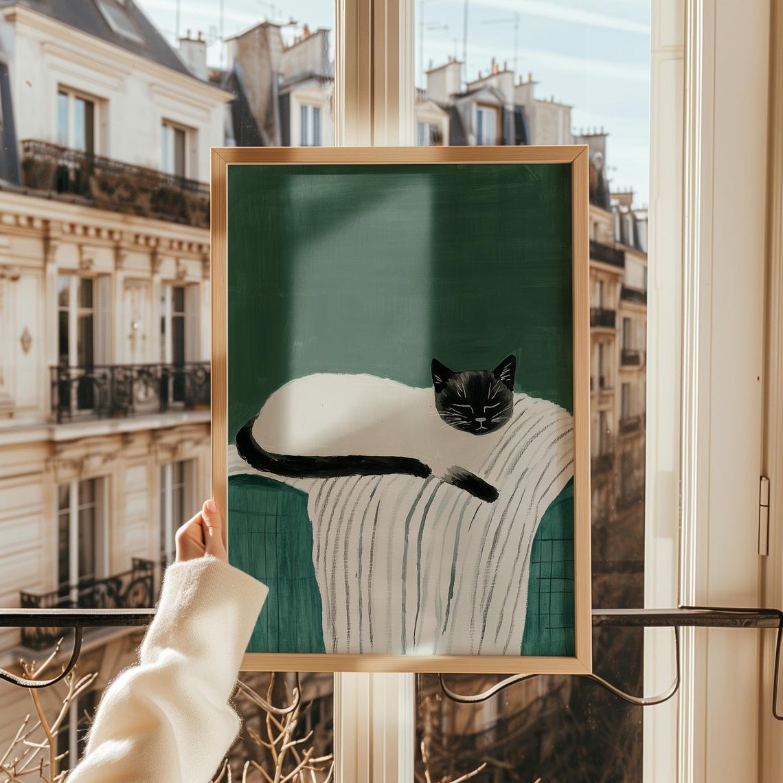 Sleeping Cat On Striped Blanket Emerald Green Naive Painting Poster - Image 4