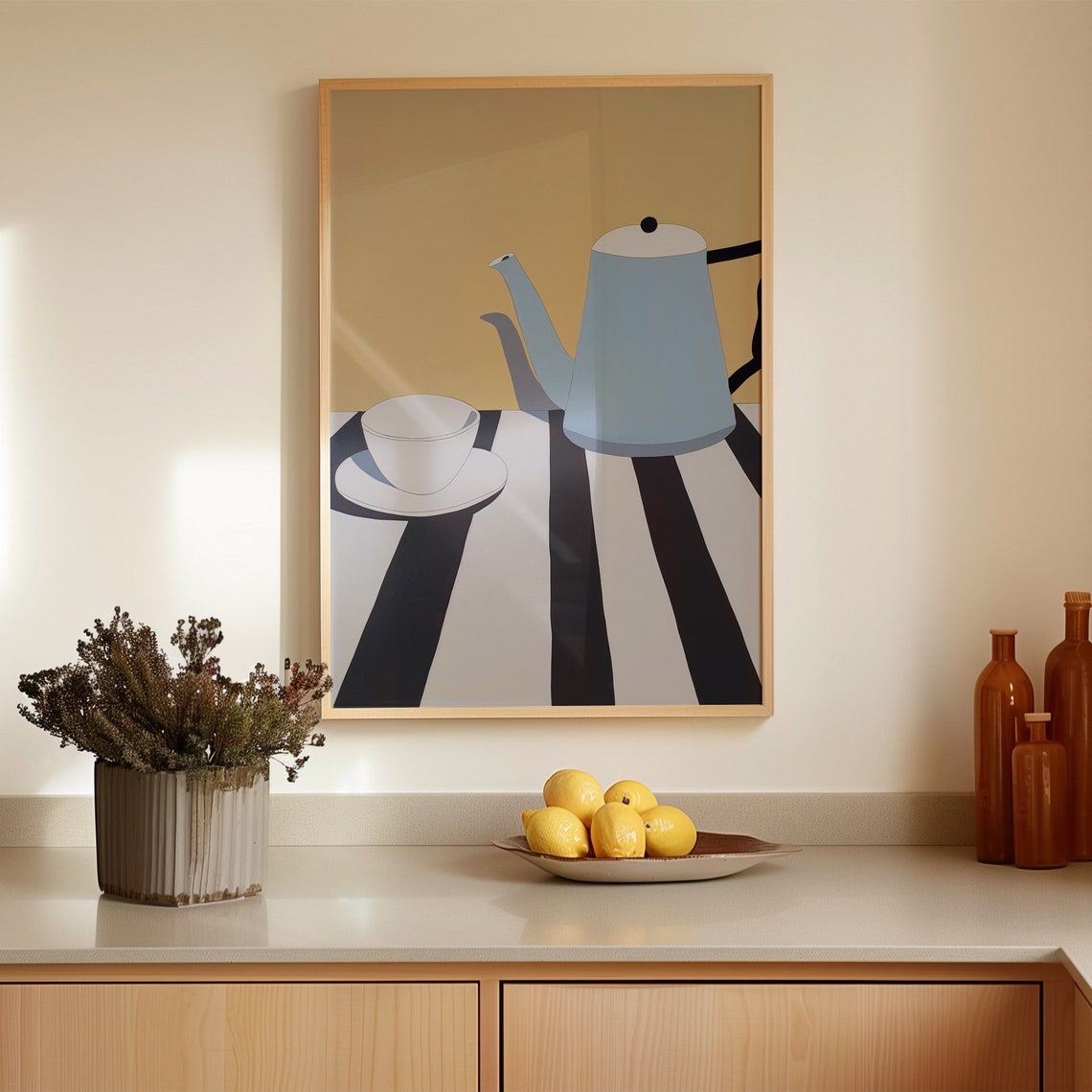 Blue Kettle And Coffee Cup Minimalist Kitchen Decor Art Poster - Image 2