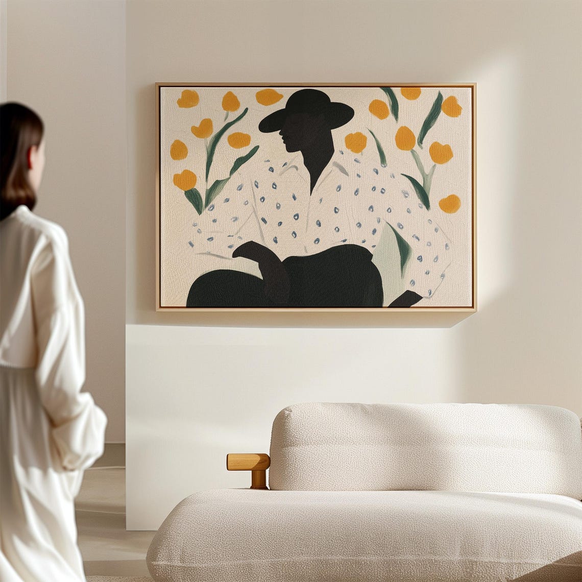 Abstract Portrait Art Print Figure With Black Hat Floral Backdrop Modern Minimalist Decor Stylish Wall Art Bold Home Print - Image 2