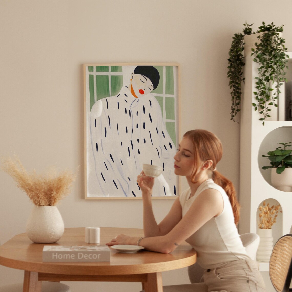 Woman With Red Lips In Dotted Coat By Green Windows Art Poster
