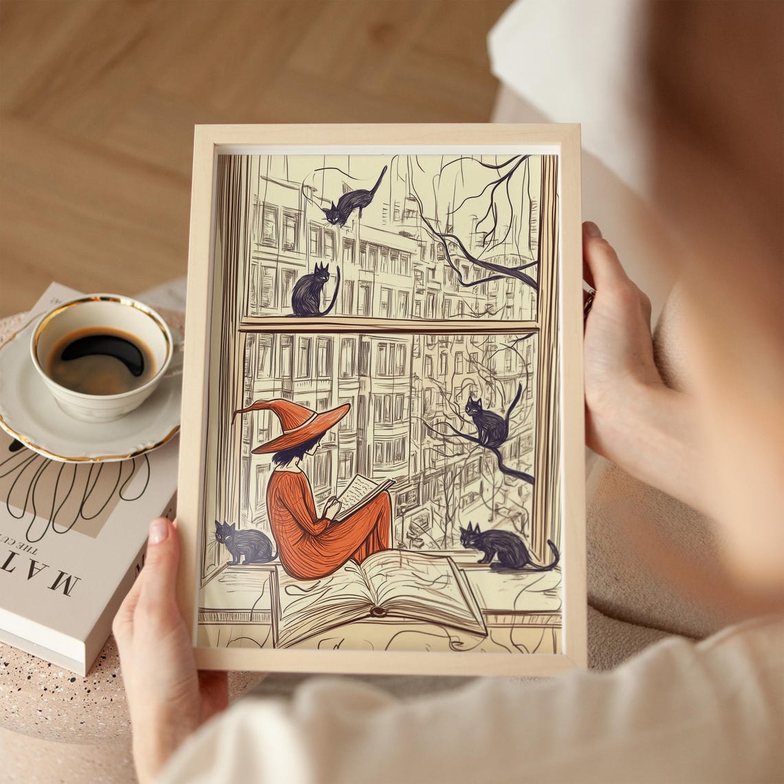 Cozy Witch Reading by Window With Black Cats Orange Autumn Art Poster - Image 3