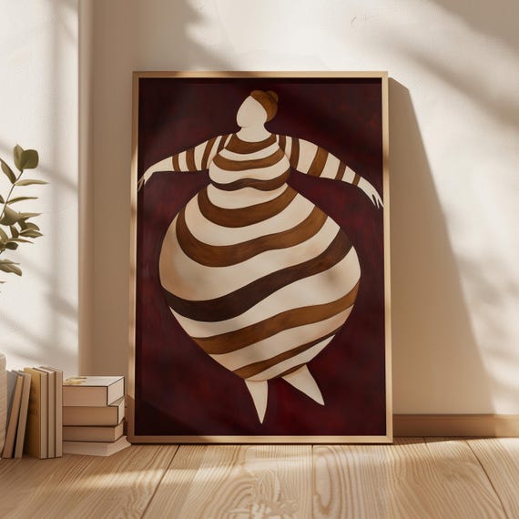 Curvy Abstract Female Figure Art Print Bold Minimalist Stripes Artwork Modern Red And Beige Wall Art Body Positive