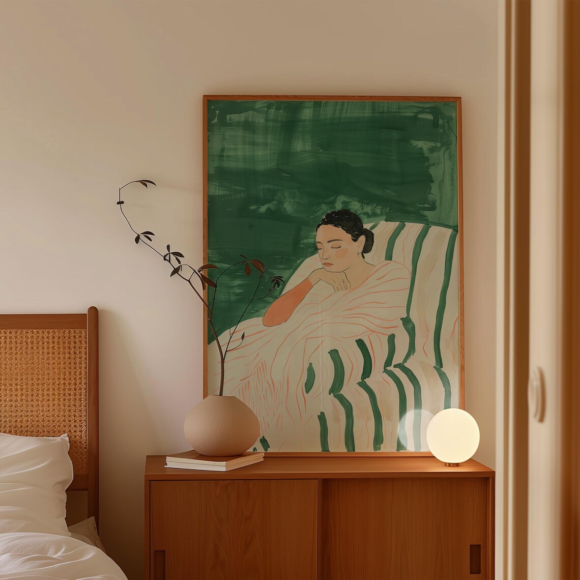 Reclining Woman In Striped Robe Emerald Green Minimalist Painting Poster - Image 3
