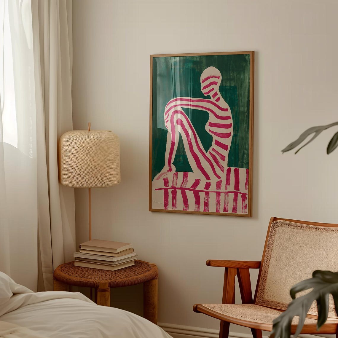 Emerald Green Abstract Seated Figure Pink Stripes Modern Wall Art - Image 4