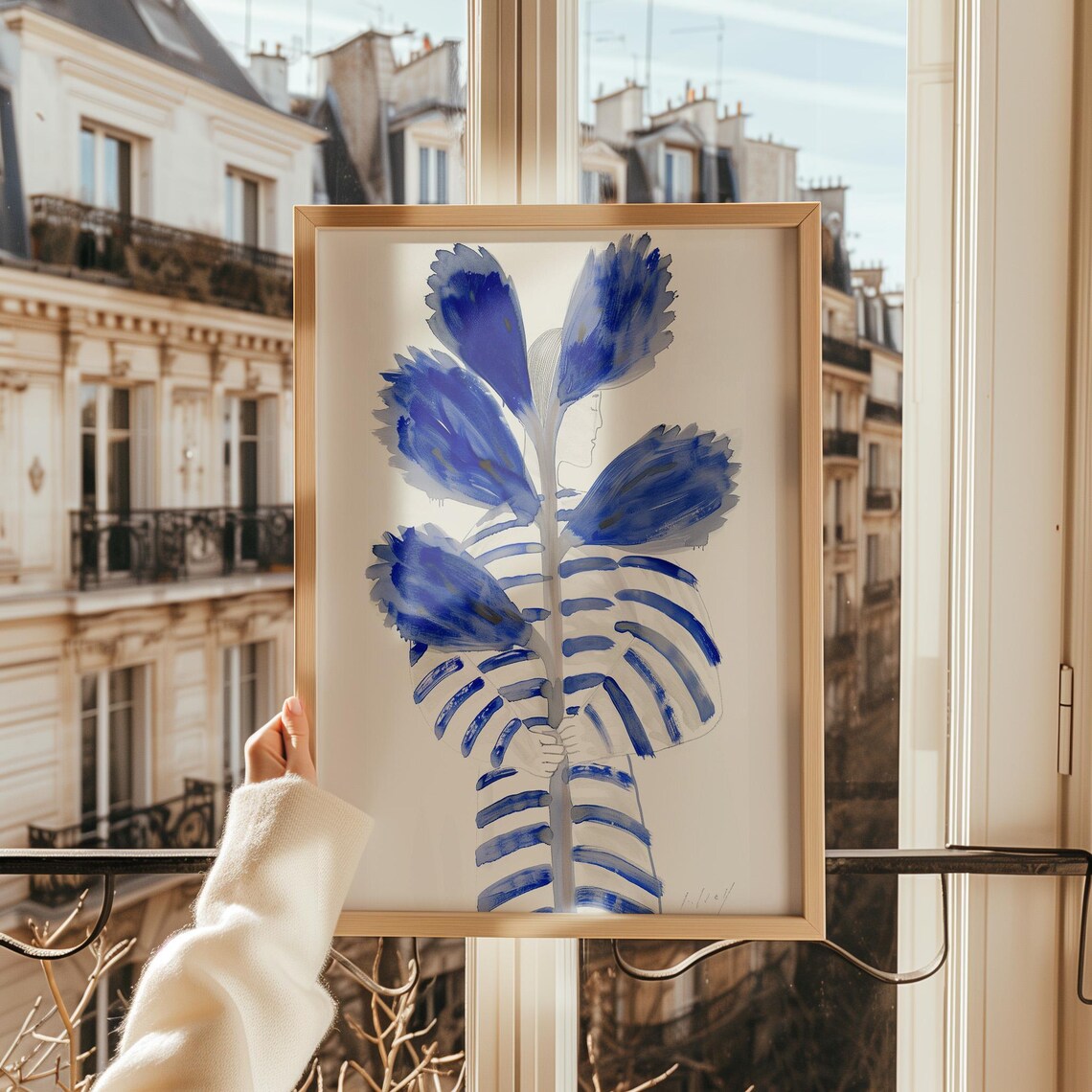 Woman Holding Giant Blue Flowers Striped Dress Naive Art Poster - Image 4