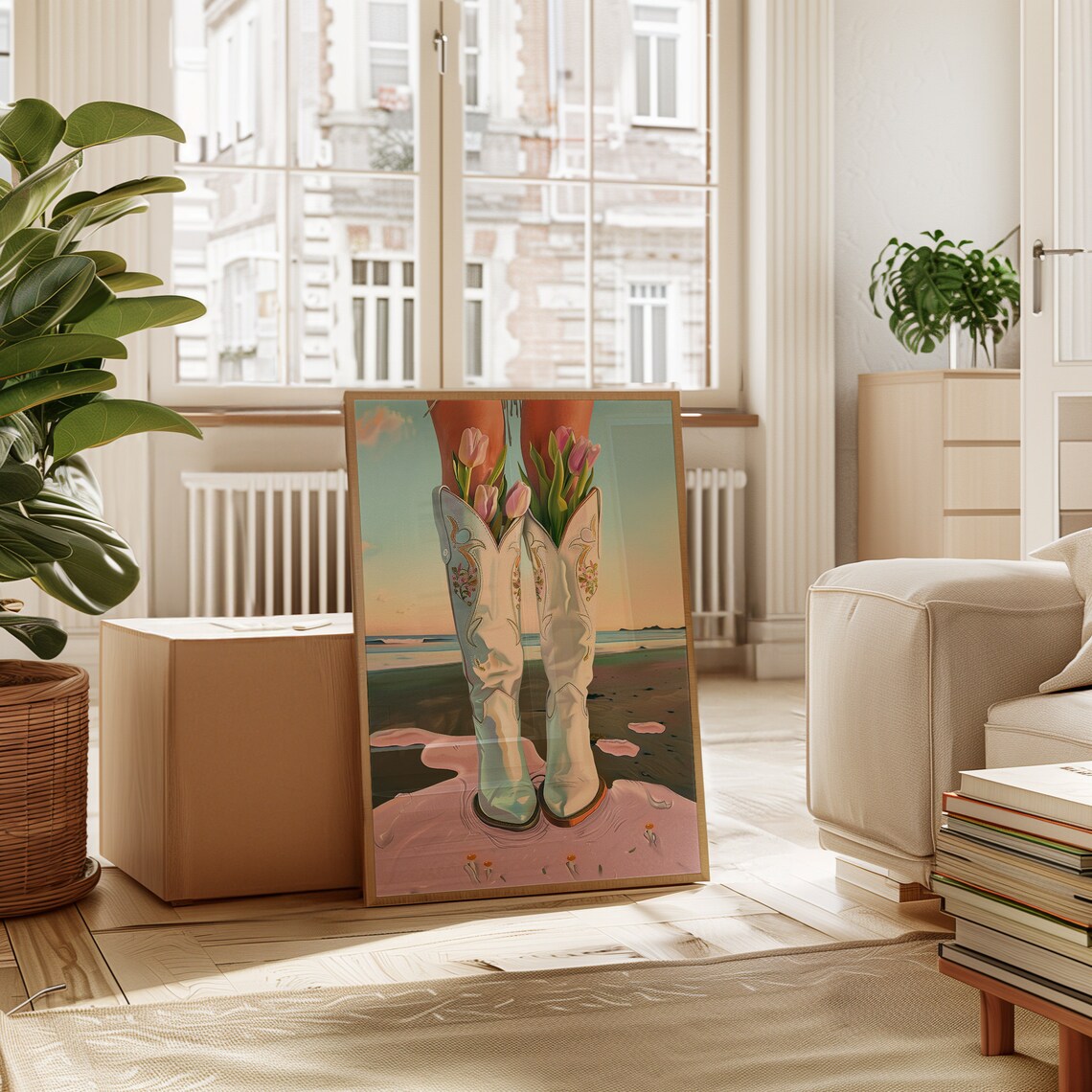 Pink Cowboy Boots Full of Tulips at Sunset Beach Floral Poster - Image 2
