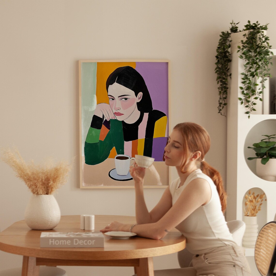 Woman Color Block Sweater Coffee Cup Thoughtful Portrait Modern Poster - Image 4