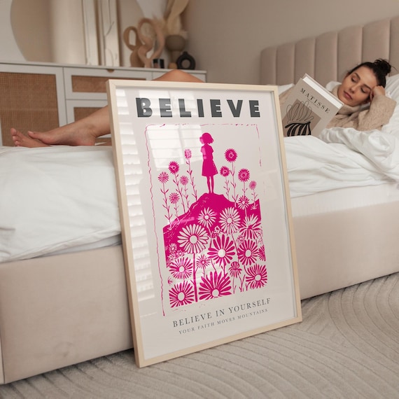 Believe In Yourself Pink Floral Motivational Quote Inspirational Poster