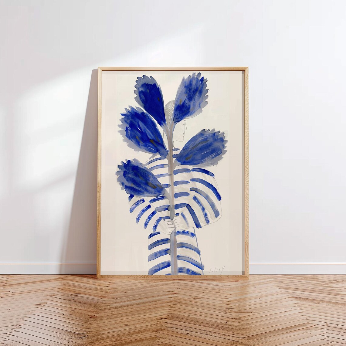 Woman Holding Giant Blue Flowers Striped Dress Naive Art Poster