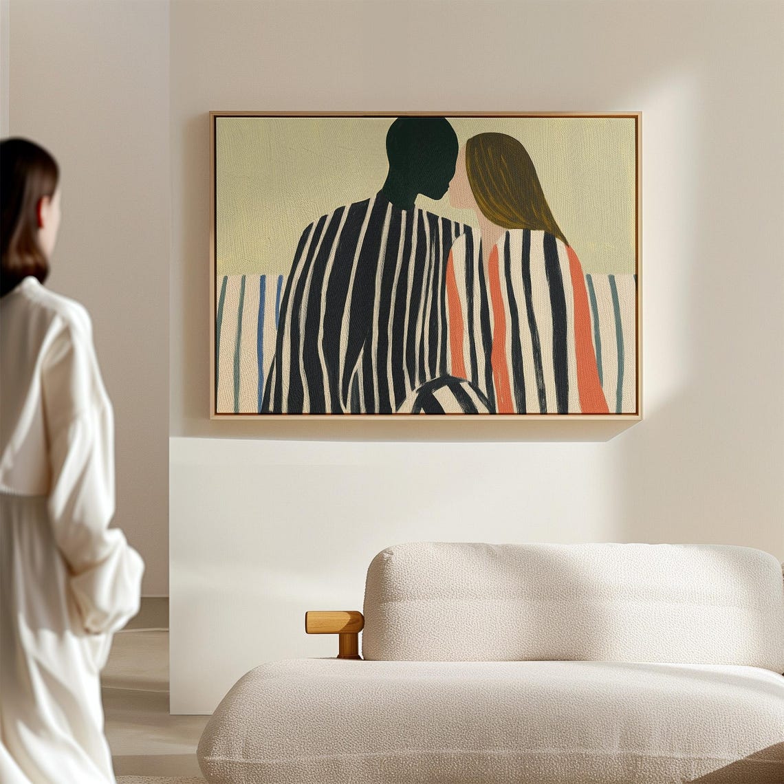 Intimate Couple in Striped Robes Muted Sage Tones Romantic Poster - Image 5