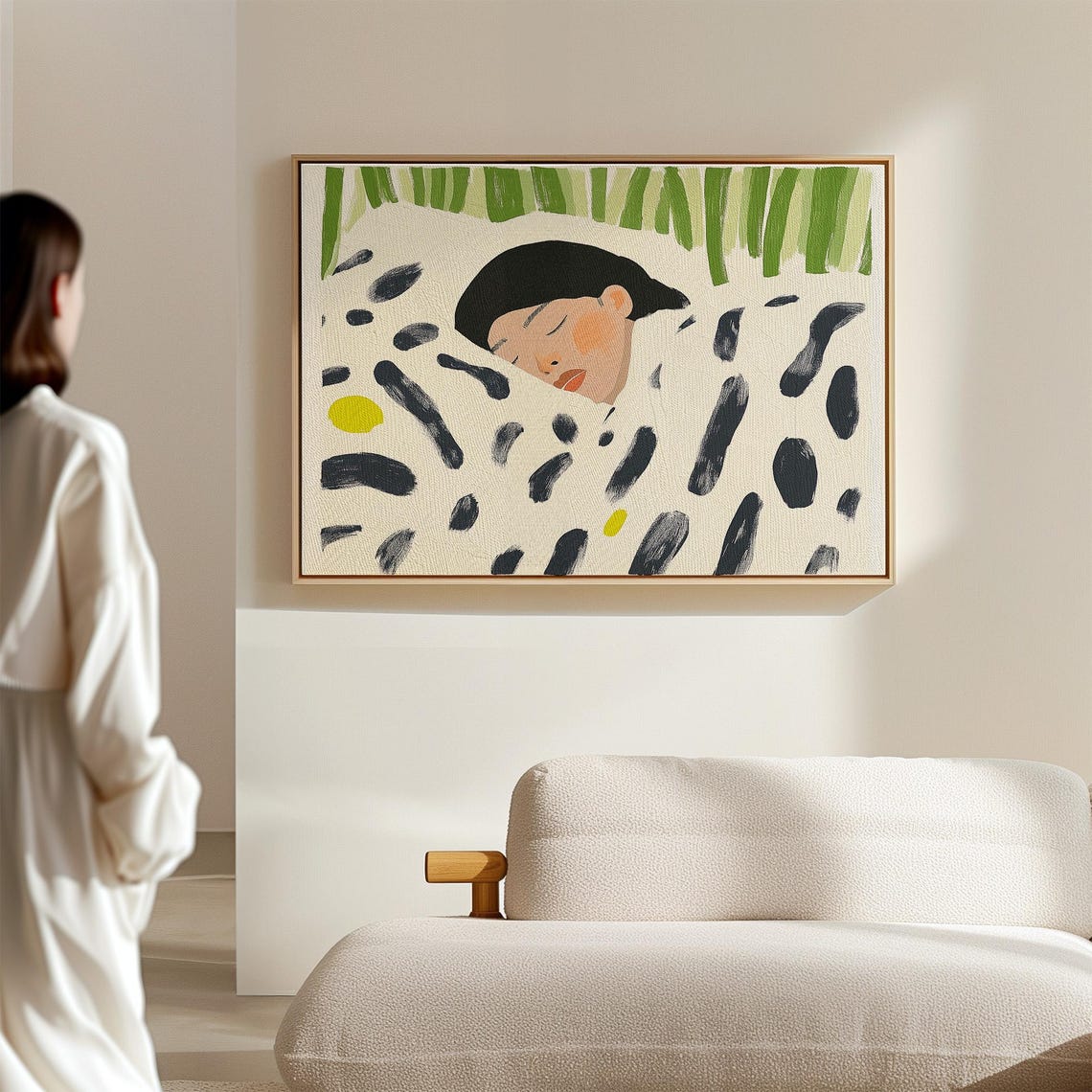Sleeping Woman Under Patterned Blanket Green Stripes Above Poster - Image 2