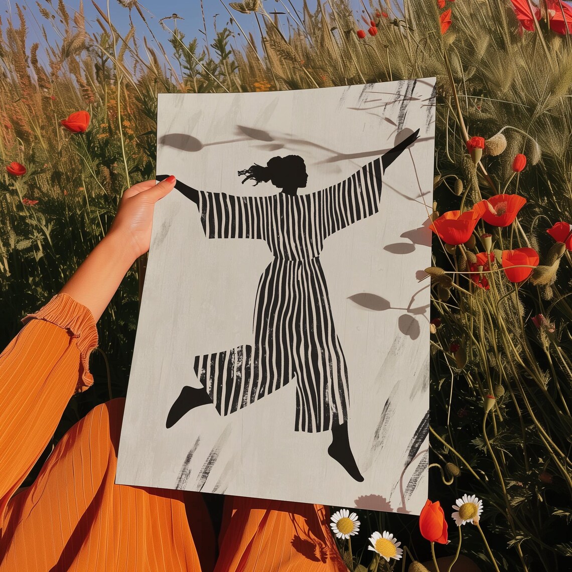 Abstract Woman Dancing in Striped Dress Black White Art Poster - Image 4