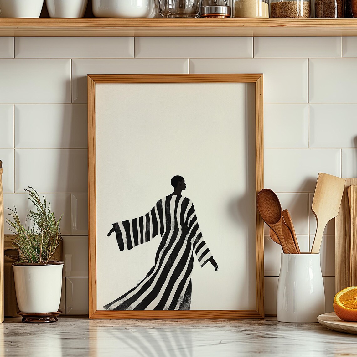 Striped Gown Woman Silhouette Minimalist Black And White Fashion Art Poster - Image 2