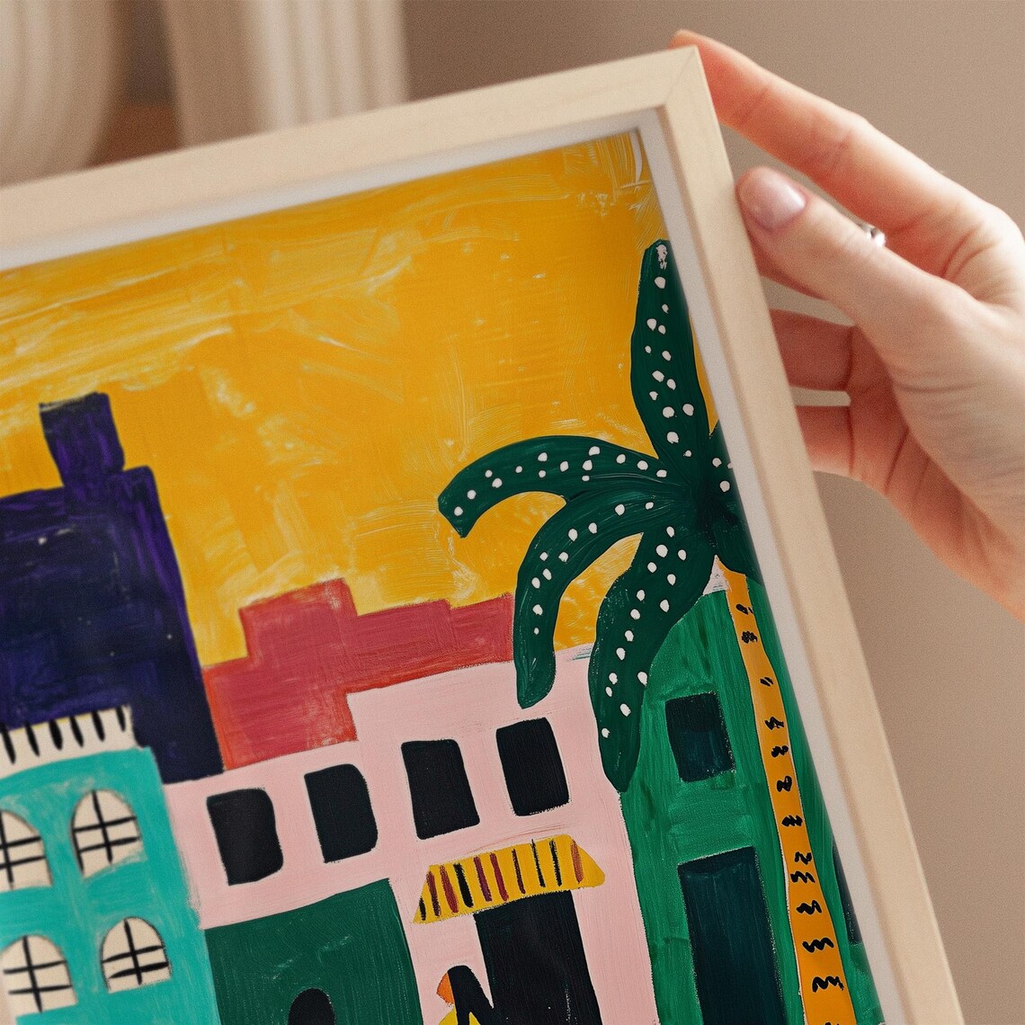 Vibrant Tropical Street Scene Palm Trees Colorful Town Print - Image 3