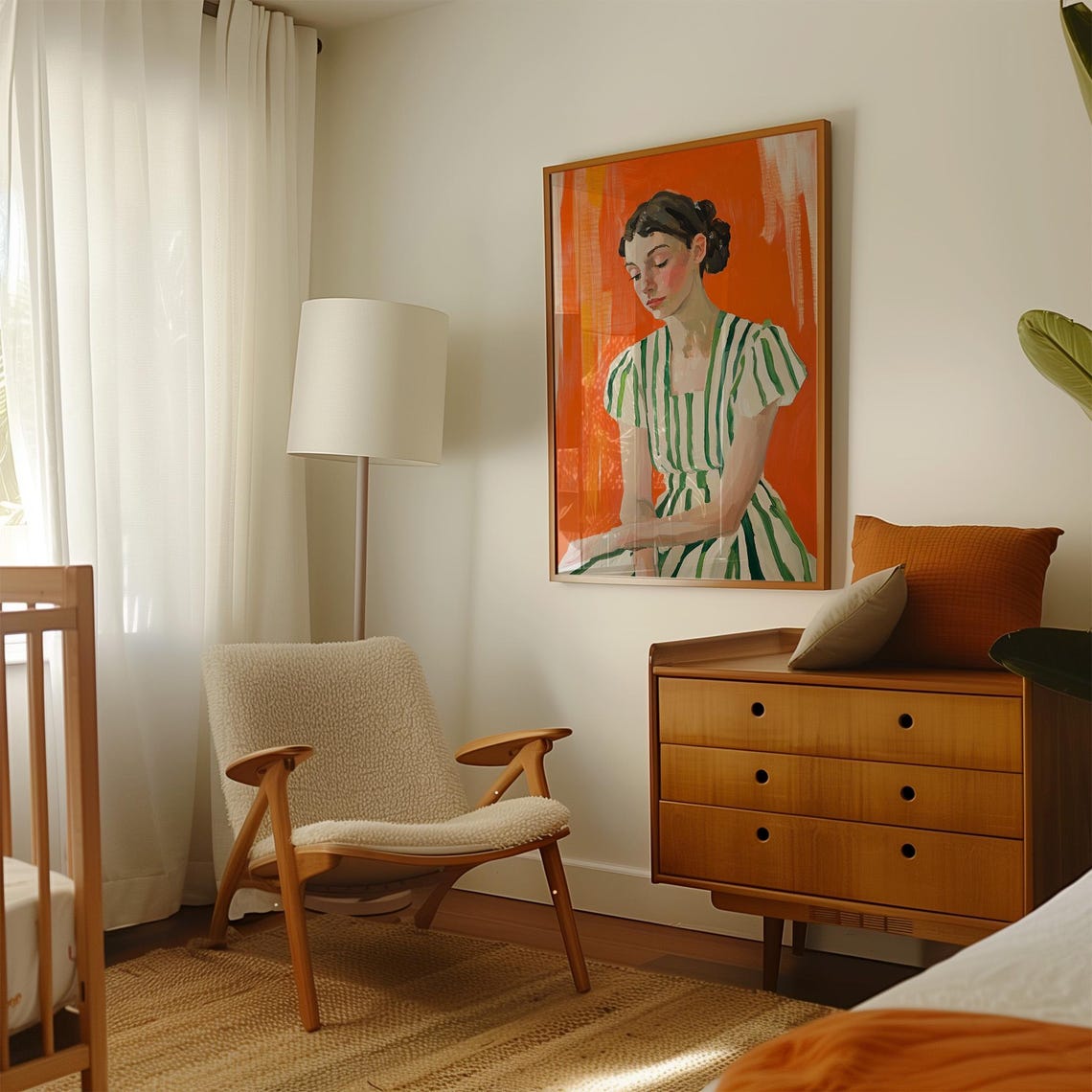 Woman in a Green Striped Dress Against a Bold Orange Ground Poster - Image 2