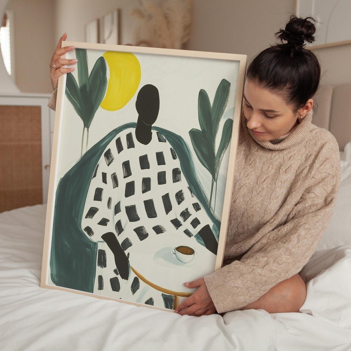 Faceless Figure Enjoying Morning Coffee in Geometric Pattern Poster - Image 5