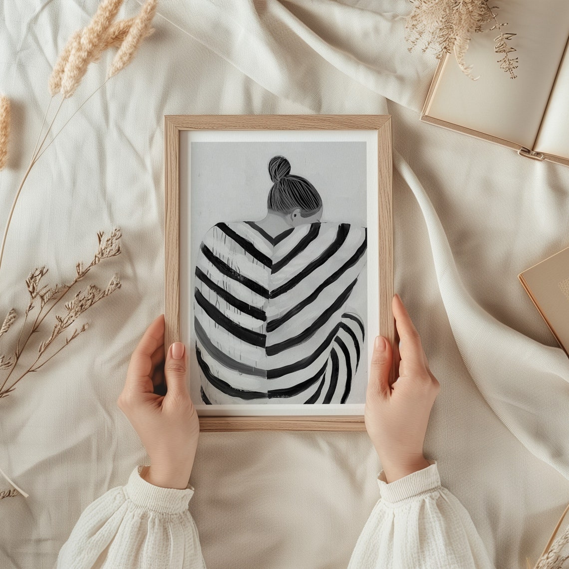 Woman Back View Hair Bun Striped Top Monochrome Brushstroke Art Poster - Image 4