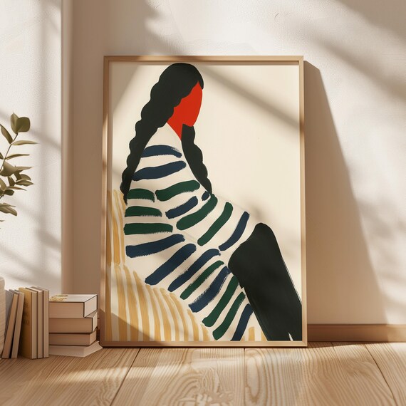 Woman with Long Braid in Profile in Navy and Gold Stripes Poster