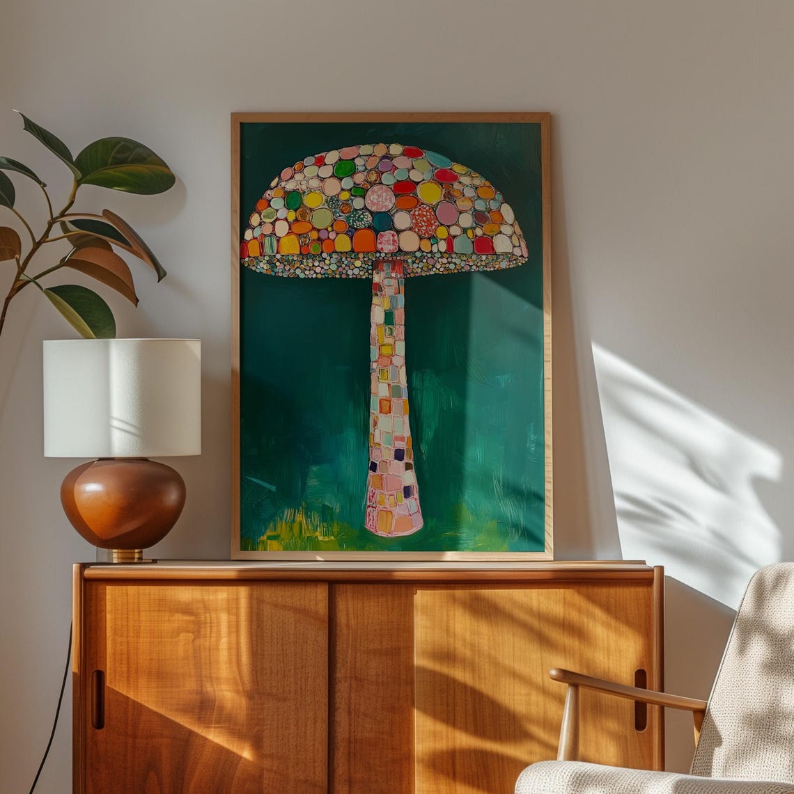 Colorful Mosaic Tile Mushroom Standing on Teal Background Poster - Image 3