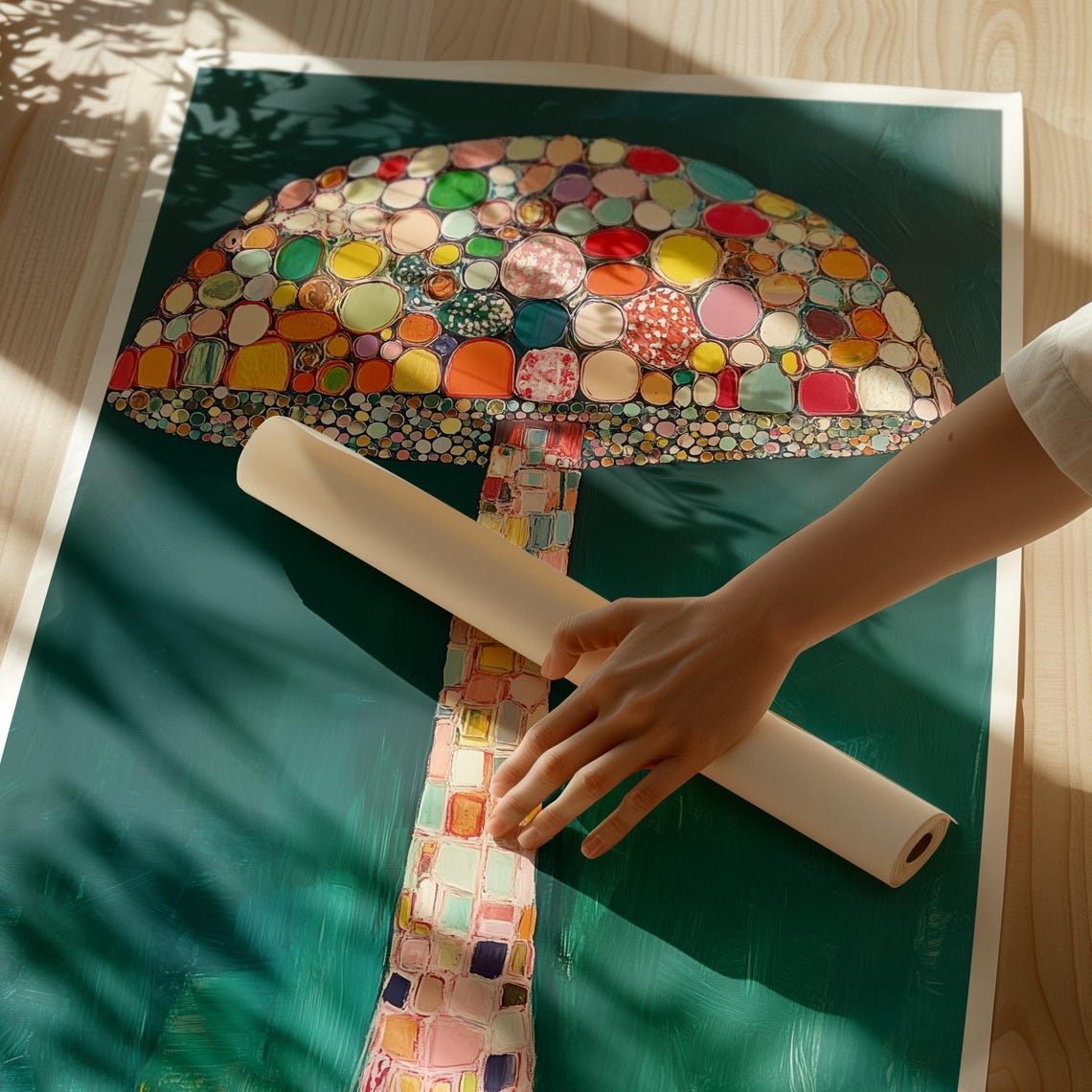 Colorful Mosaic Tile Mushroom Standing on Teal Background Poster - Image 2